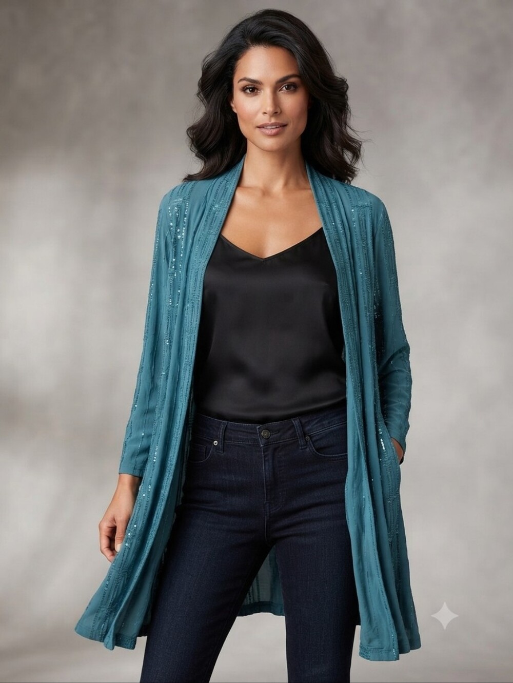 Susan Graver Teal Knit Sequin Embroidered Open Front Cardigan Sweater Size M